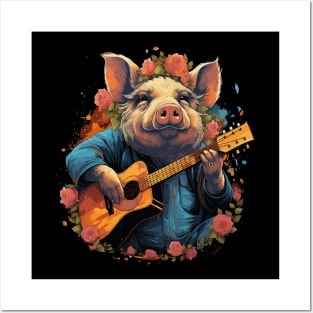 Pot-Bellied Pig Playing Guitar Posters and Art